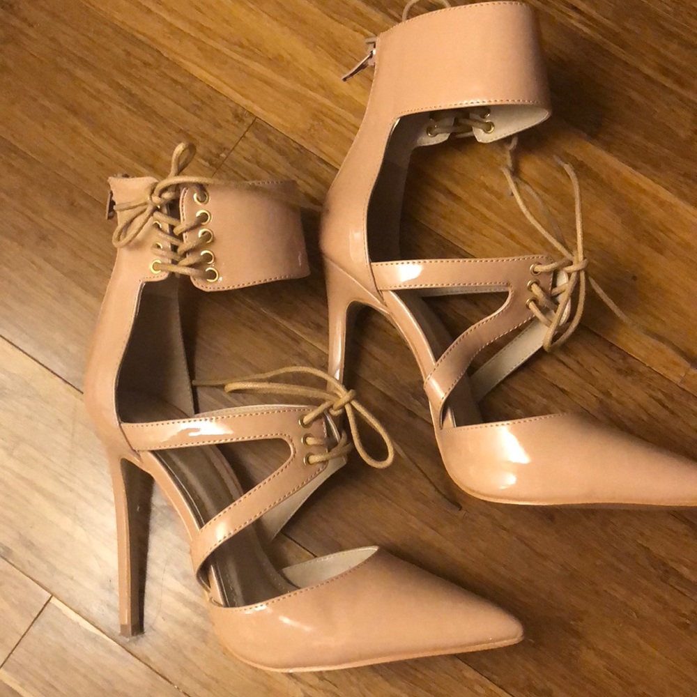 Nude patent lace heels